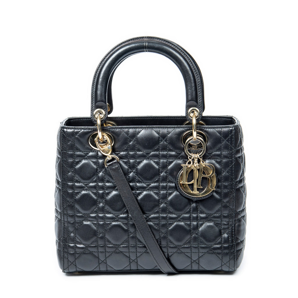 Bolso de hombro mediano Lady Dior con cremallera de piel de cordero Cannage negra