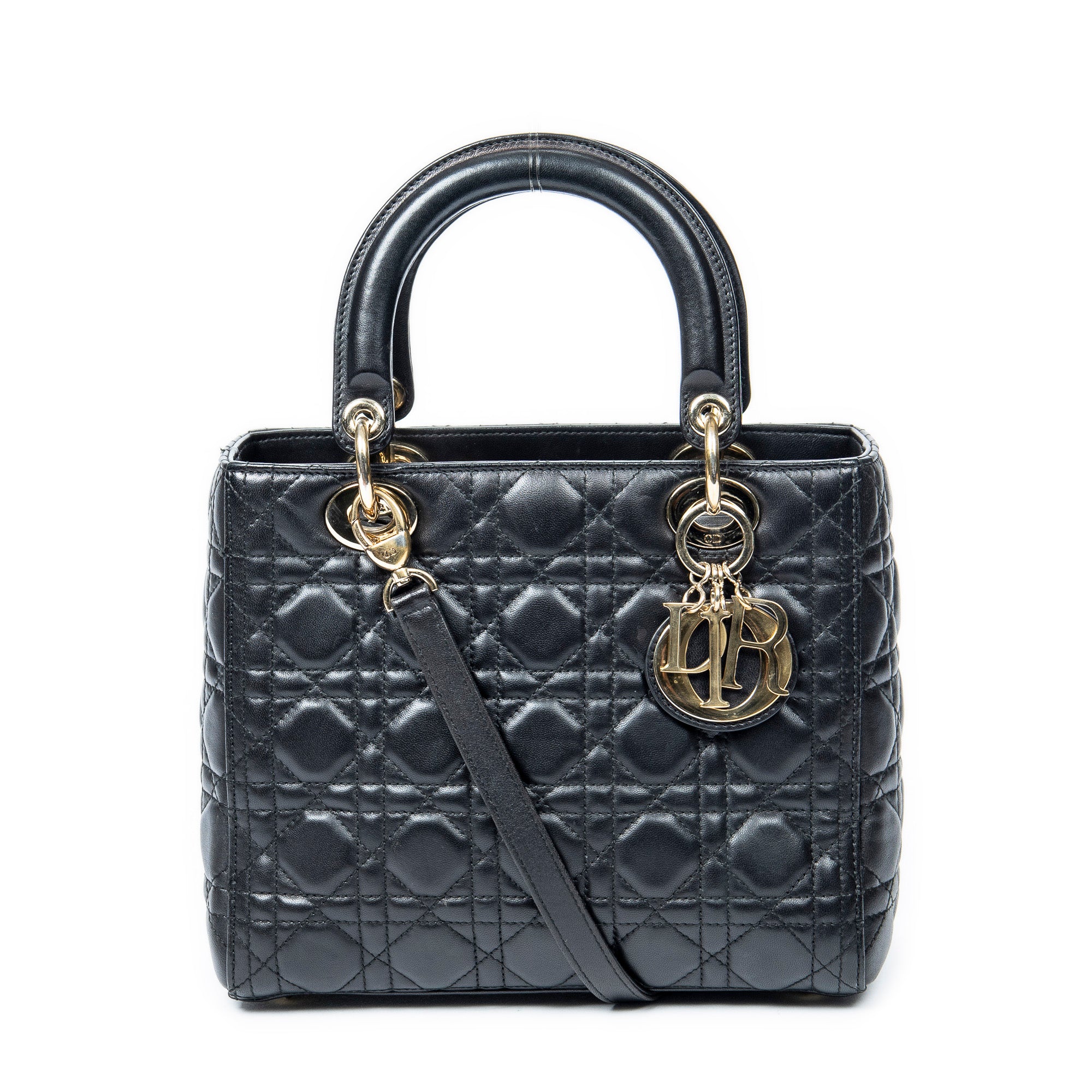 Bolso de hombro mediano Lady Dior con cremallera de piel de cordero Cannage negra