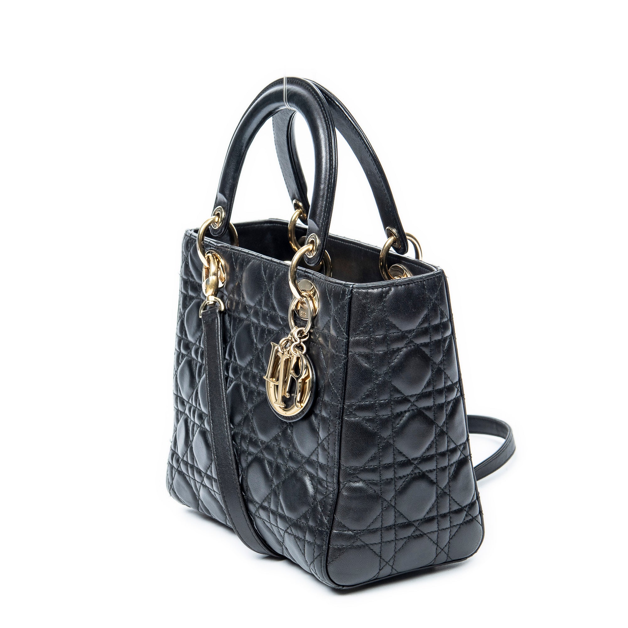 Bolso de hombro mediano Lady Dior con cremallera de piel de cordero Cannage negra