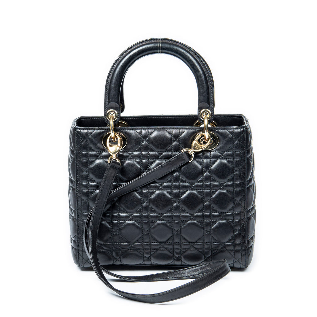 Bolso de hombro mediano Lady Dior con cremallera de piel de cordero Cannage negra