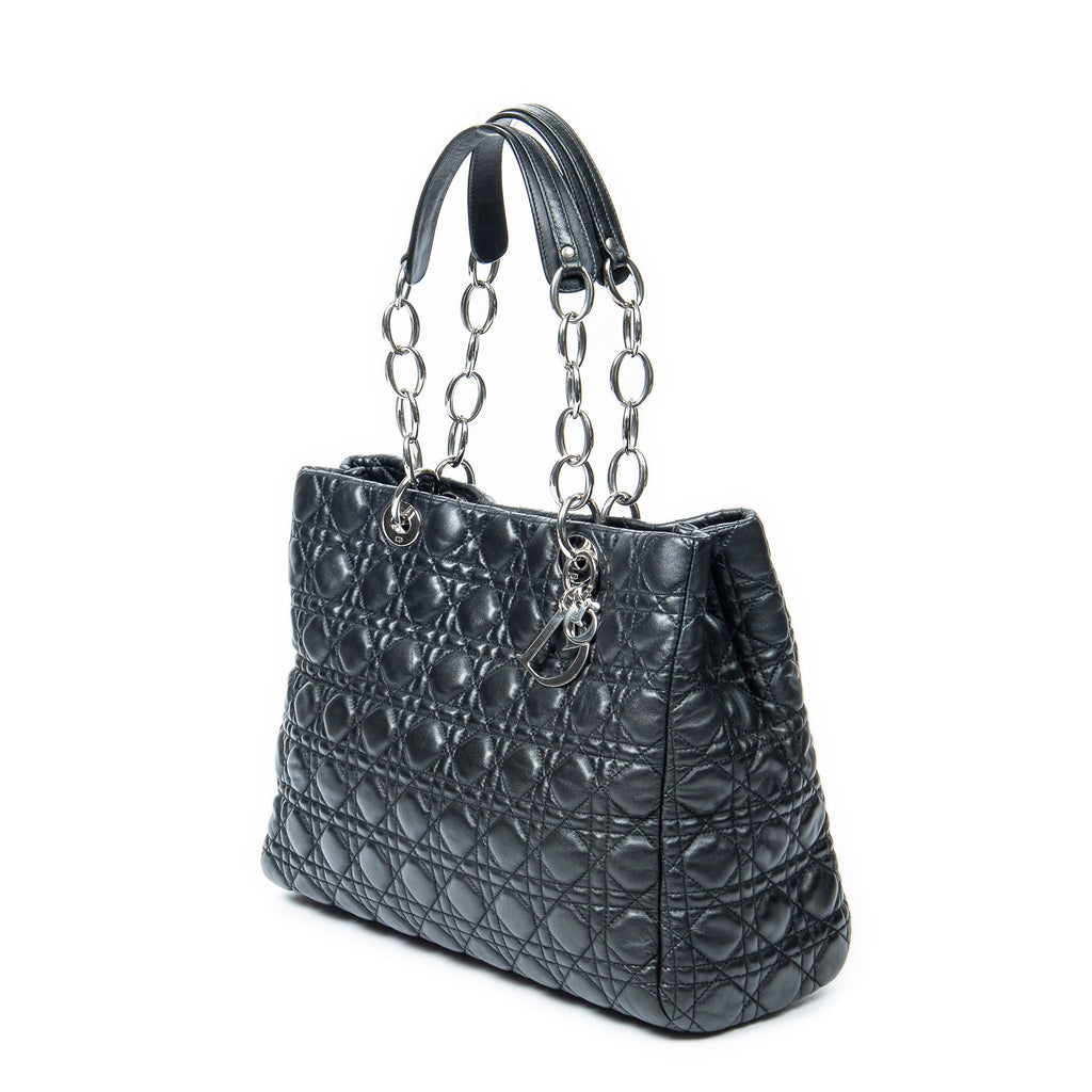 Shoulder Bag Soft Shopping Tote Black Cannage Lambskin Leather