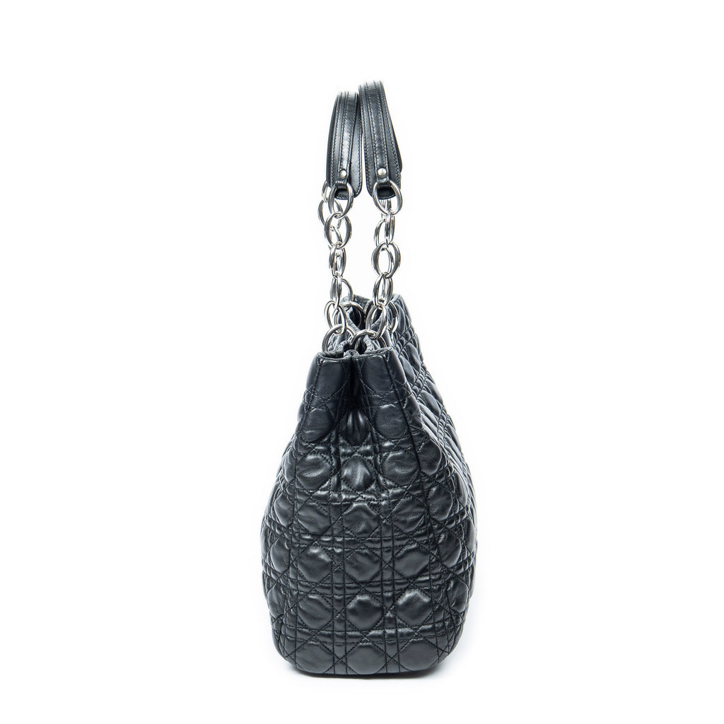 Shoulder Bag Soft Shopping Tote Black Cannage Lambskin Leather