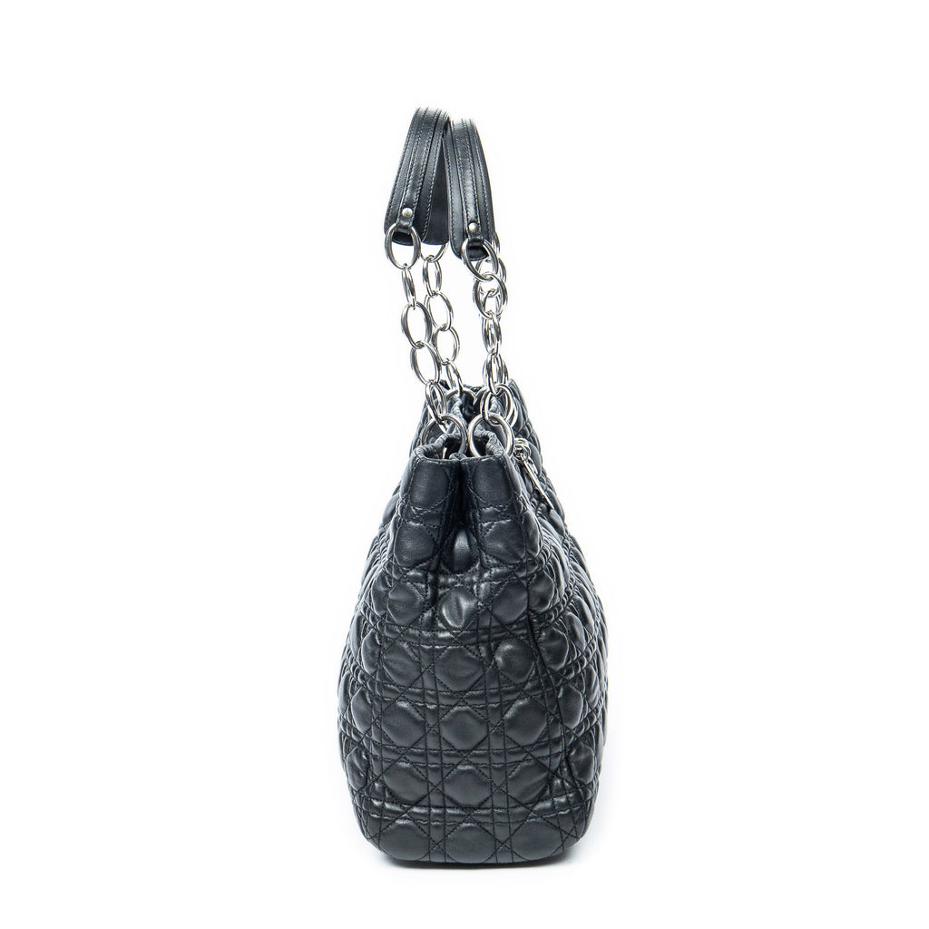 Shoulder Bag Soft Shopping Tote Black Cannage Lambskin Leather