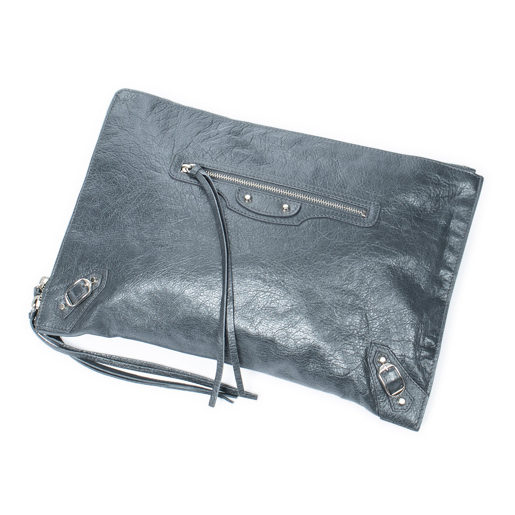 Shoulder Bag Classic Zip Clutch Grey Distressed Calfskin Leather