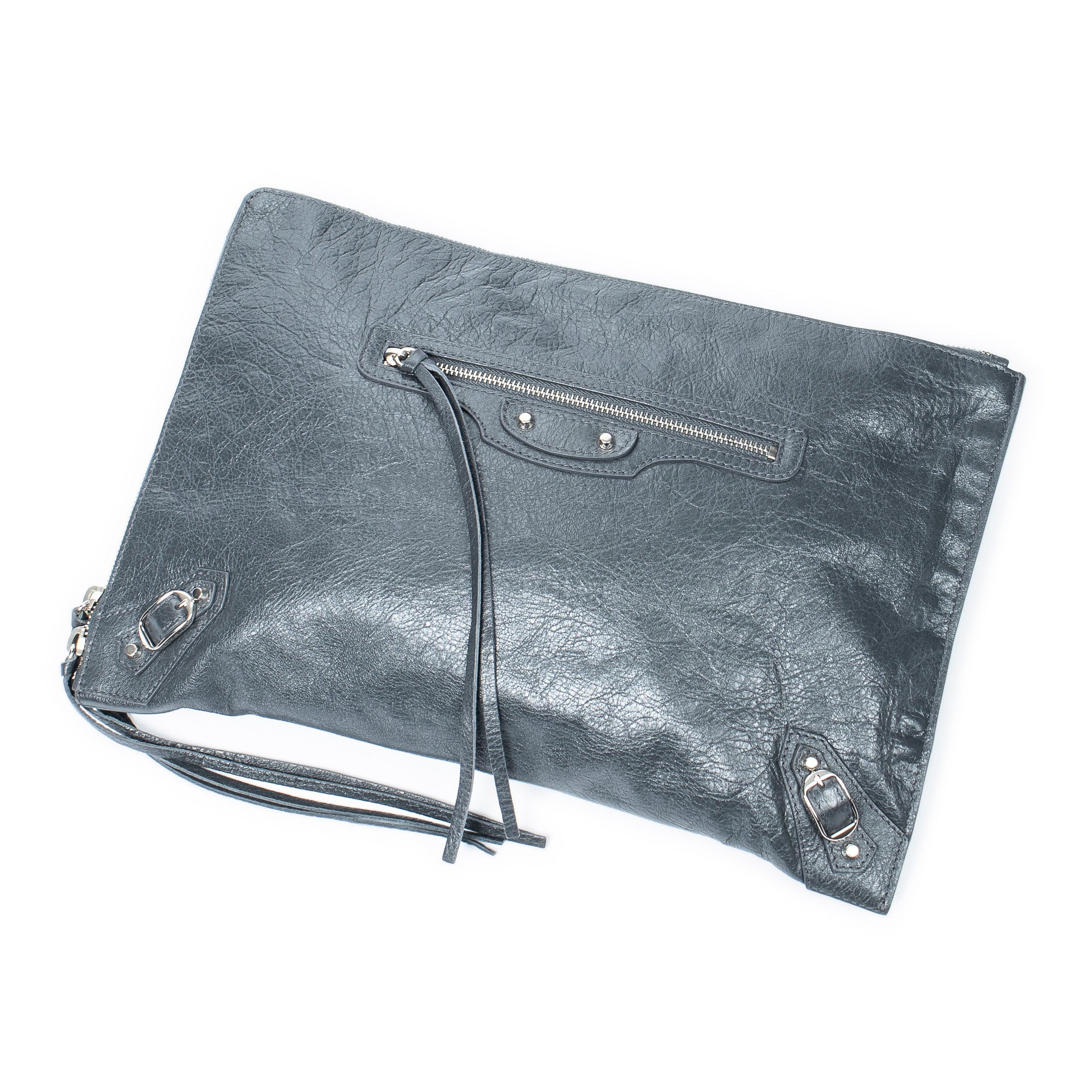 Shoulder Bag Classic Zip Clutch Grey Distressed Calfskin Leather
