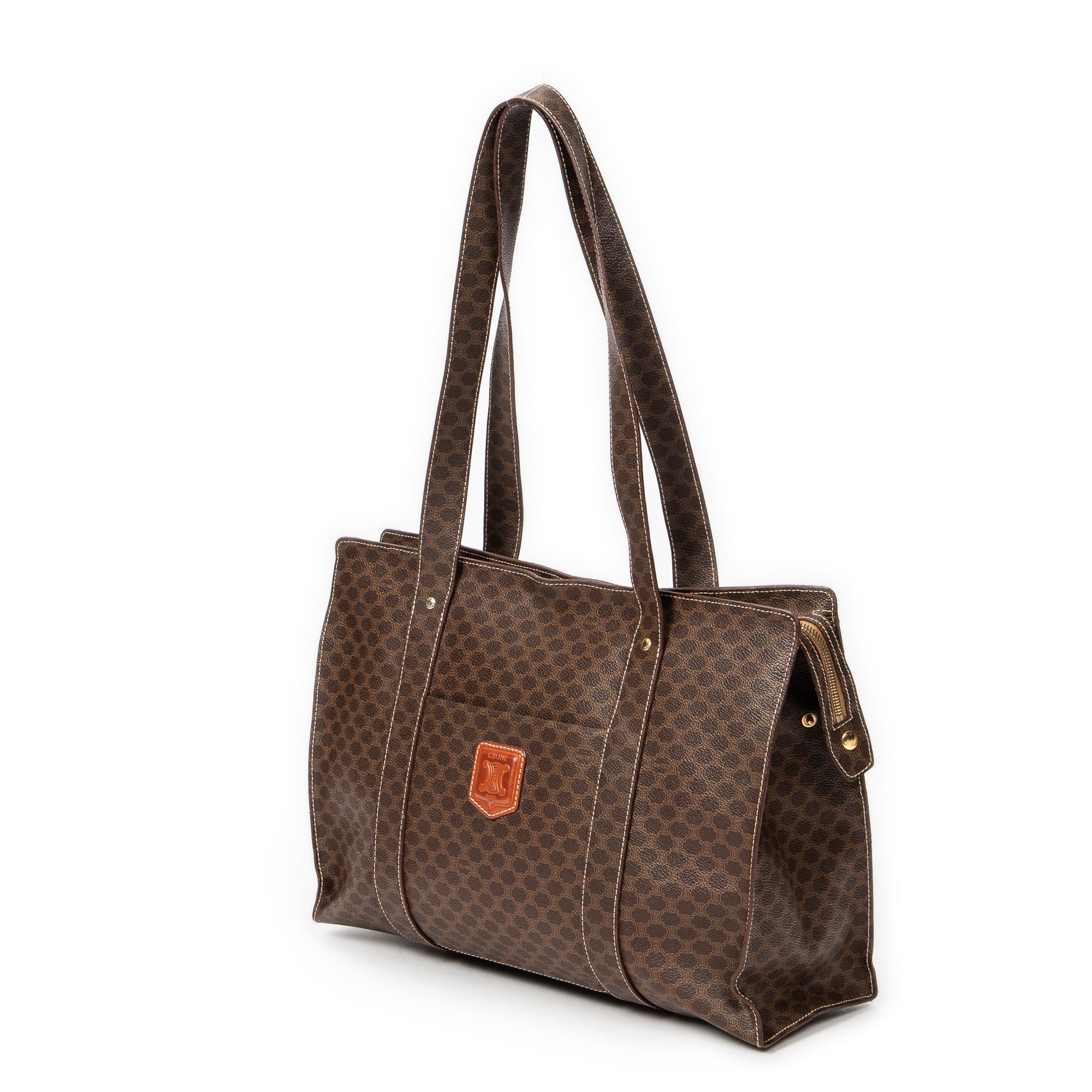Shoulder Bag Square Zip Shopping Tote Brown Macadam Coated Canvas