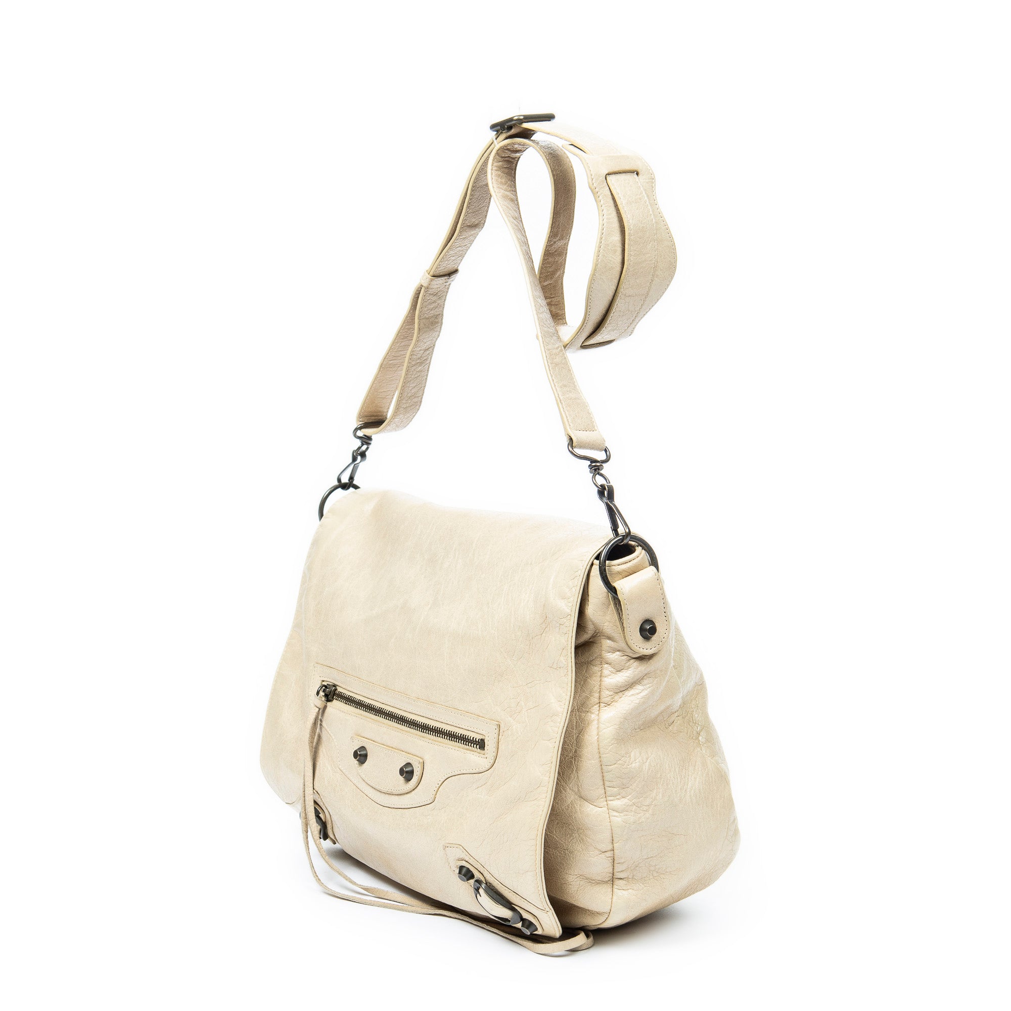 Shoulder Bag Folk Messenger Beige Distressed Calfskin Leather