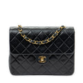 Bolso de Hombro Mini Clásico Solapa Recta Cuero de Cordero Acolchado Negro