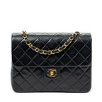 Bolso de Hombro Mini Clásico Solapa Recta Cuero de Cordero Acolchado Negro