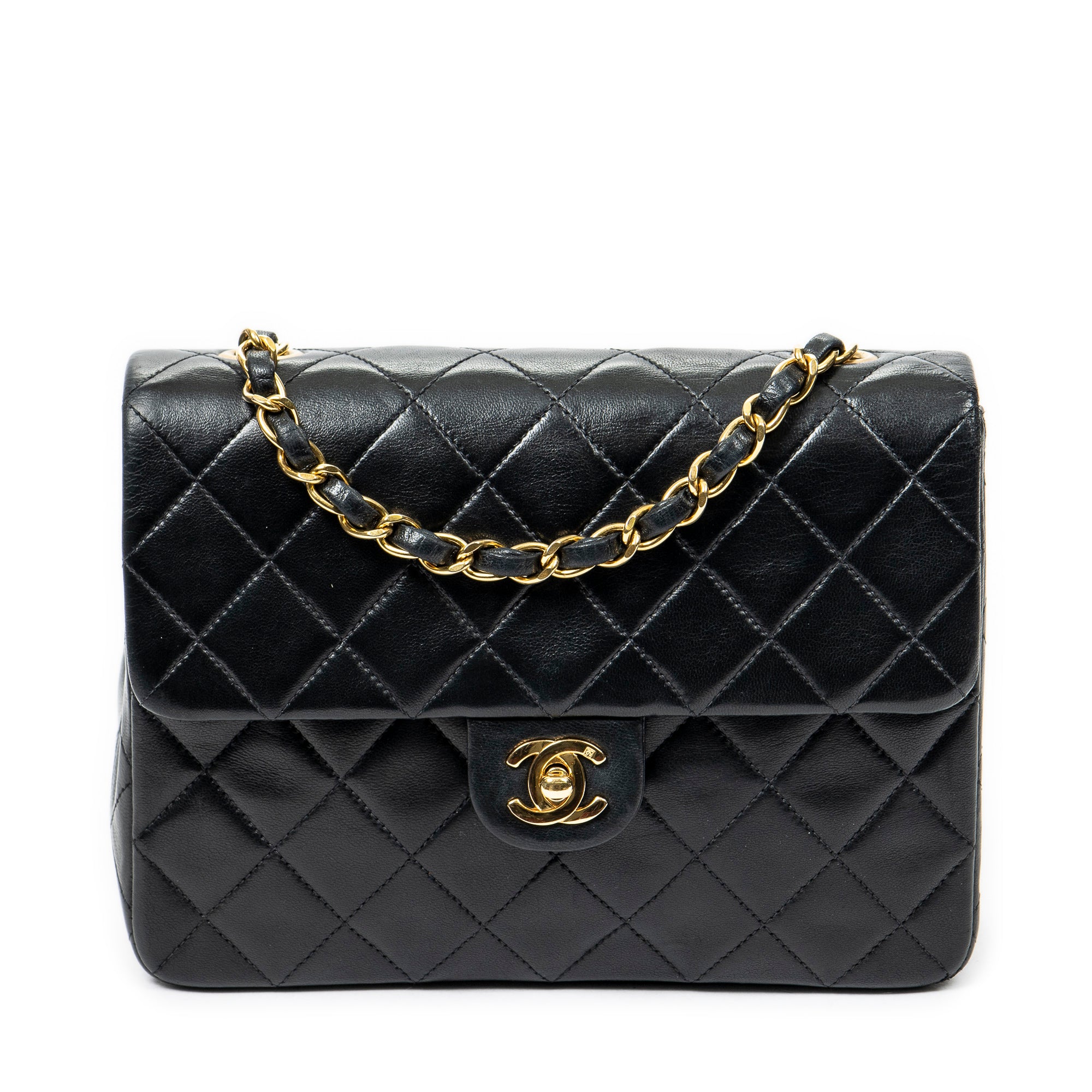 Bolso de Hombro Mini Clásico Solapa Recta Cuero de Cordero Acolchado Negro