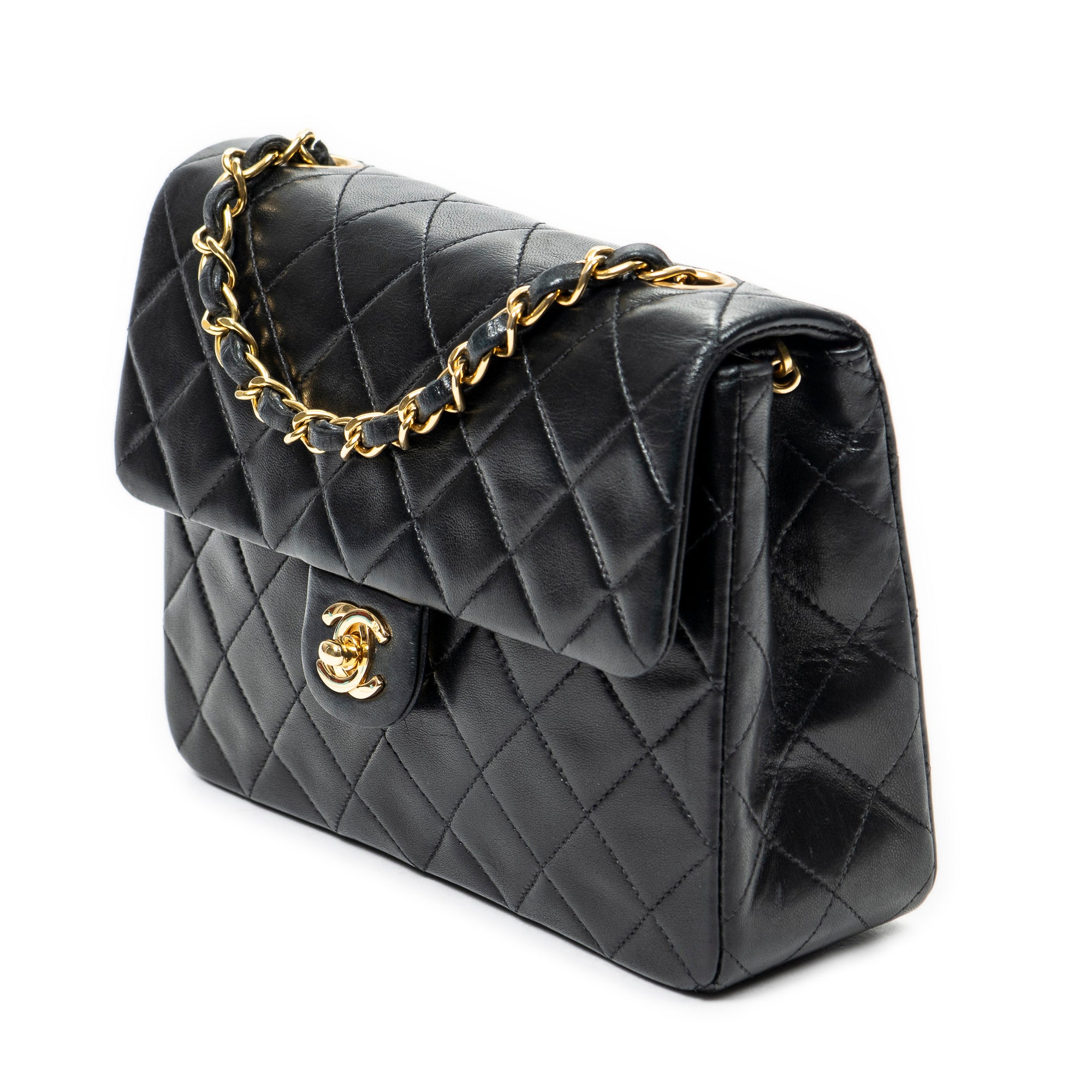 Bolso de Hombro Mini Clásico Solapa Recta Cuero de Cordero Acolchado Negro