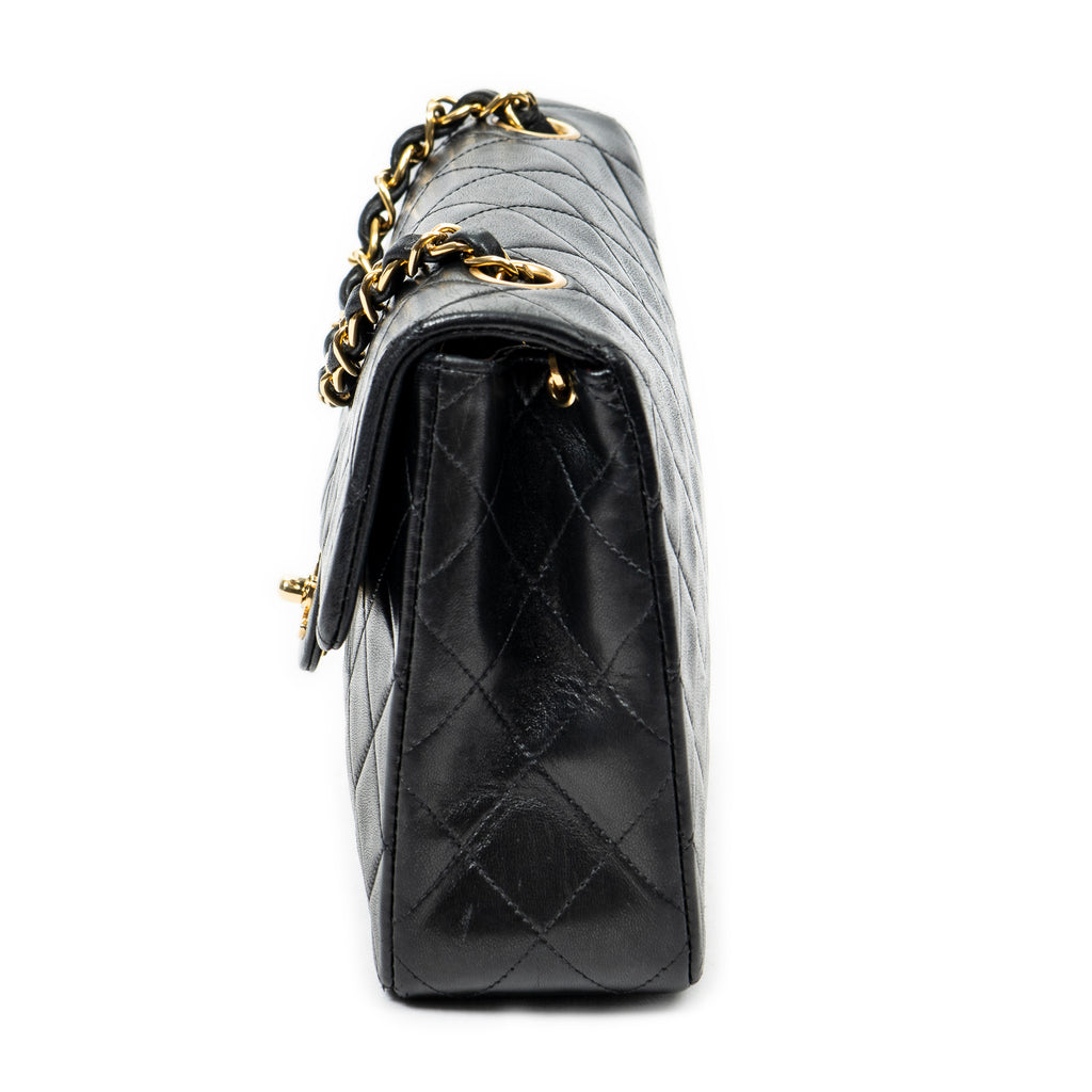 Bolso de Hombro Mini Clásico Solapa Recta Cuero de Cordero Acolchado Negro