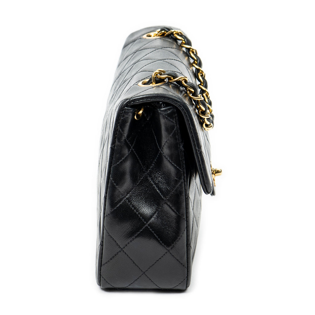Bolso de Hombro Mini Clásico Solapa Recta Cuero de Cordero Acolchado Negro