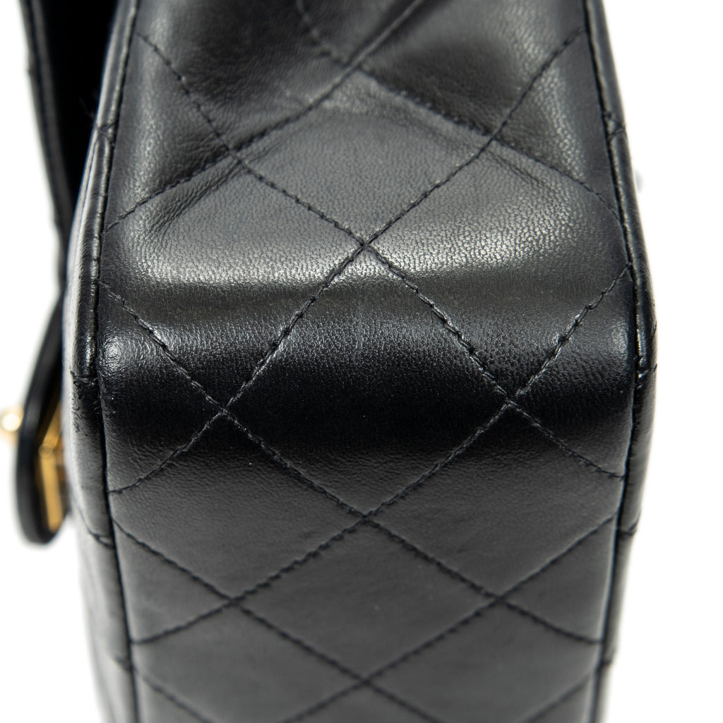 Bolso de Hombro Mini Clásico Solapa Recta Cuero de Cordero Acolchado Negro