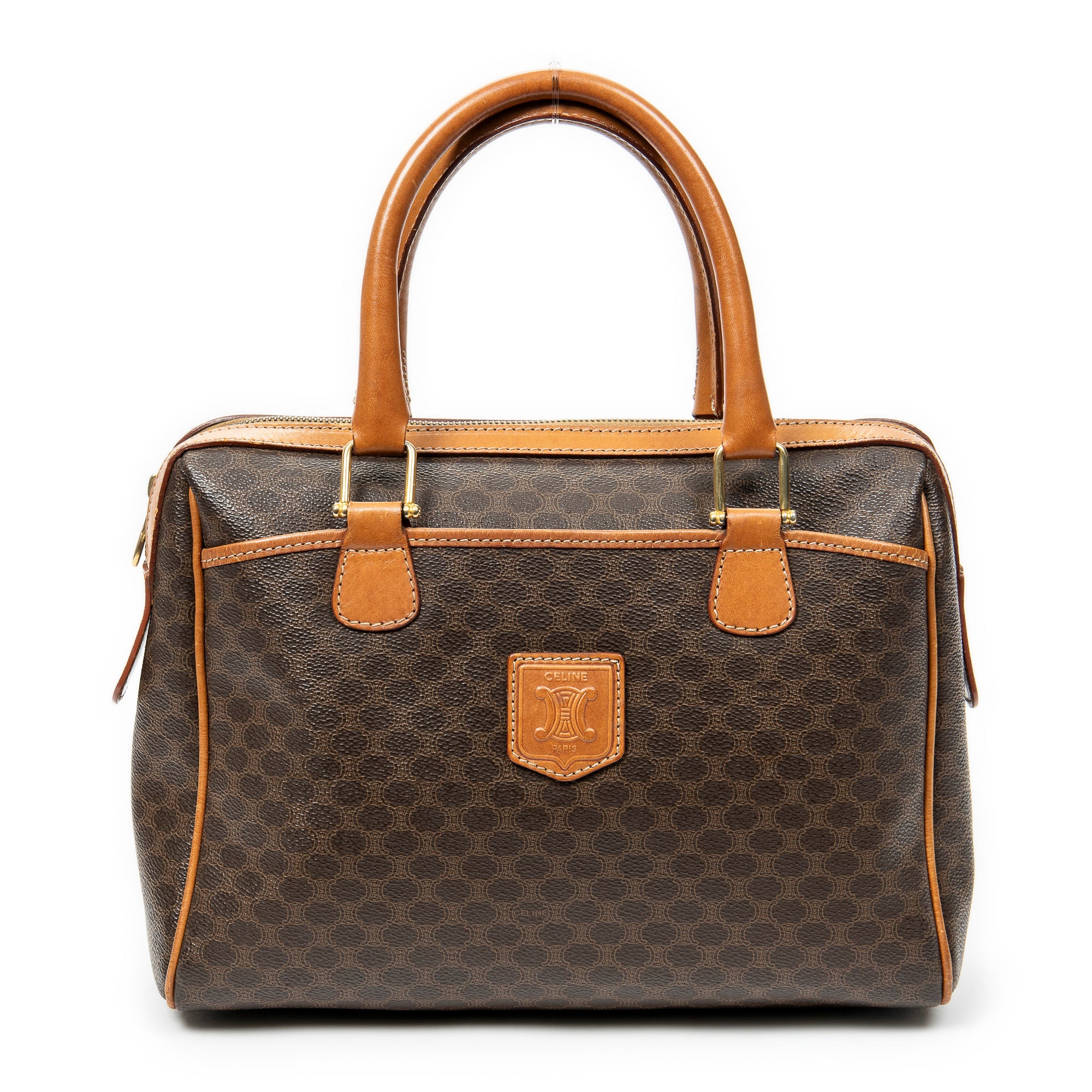 Bolso de mano vintage pequeño, bolsillo deslizante, Boston, lona revestida de macadán marrón
