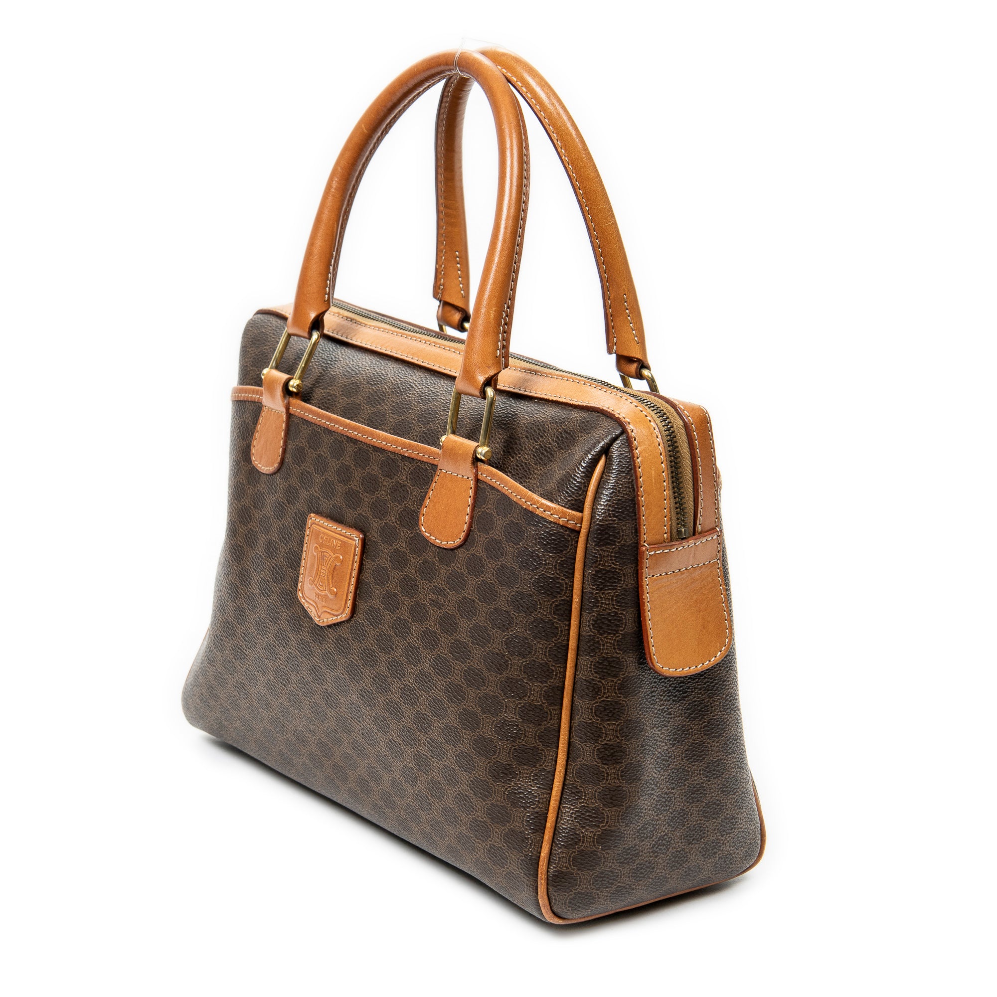 Bolso de mano vintage pequeño, bolsillo deslizante, Boston, lona revestida de macadán marrón