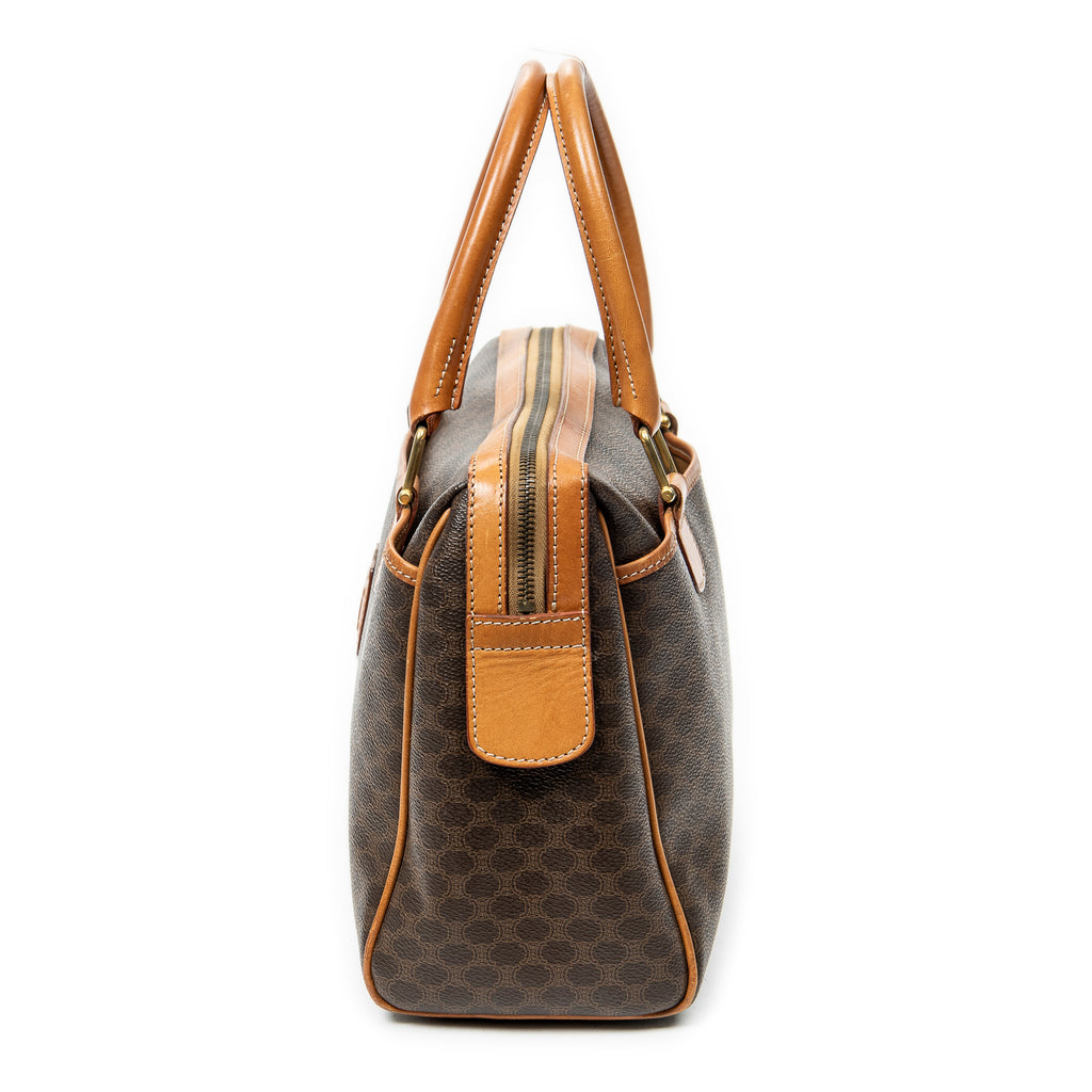 Bolso de mano vintage pequeño, bolsillo deslizante, Boston, lona revestida de macadán marrón