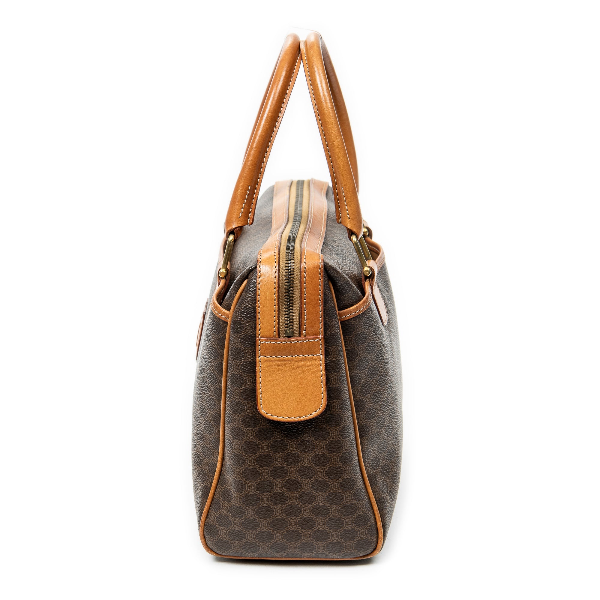 Bolso de mano vintage pequeño, bolsillo deslizante, Boston, lona revestida de macadán marrón