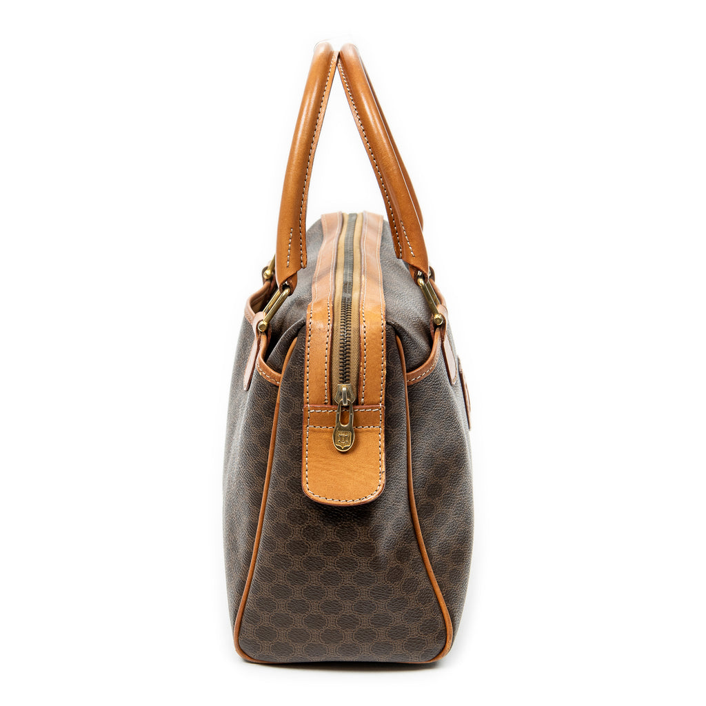Bolso de mano vintage pequeño, bolsillo deslizante, Boston, lona revestida de macadán marrón