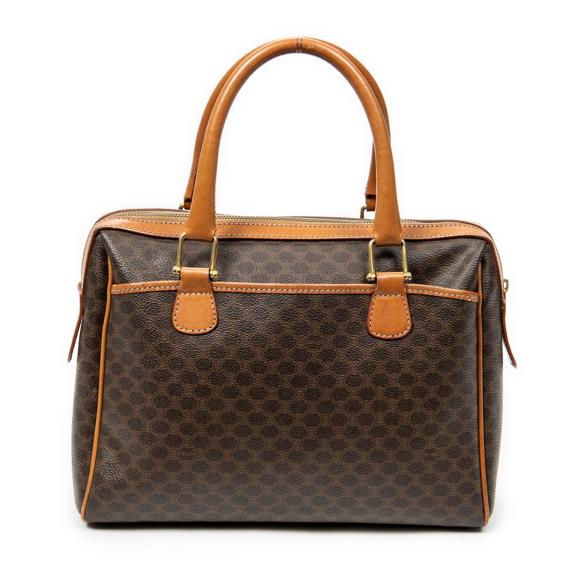 Bolso de mano vintage pequeño, bolsillo deslizante, Boston, lona revestida de macadán marrón