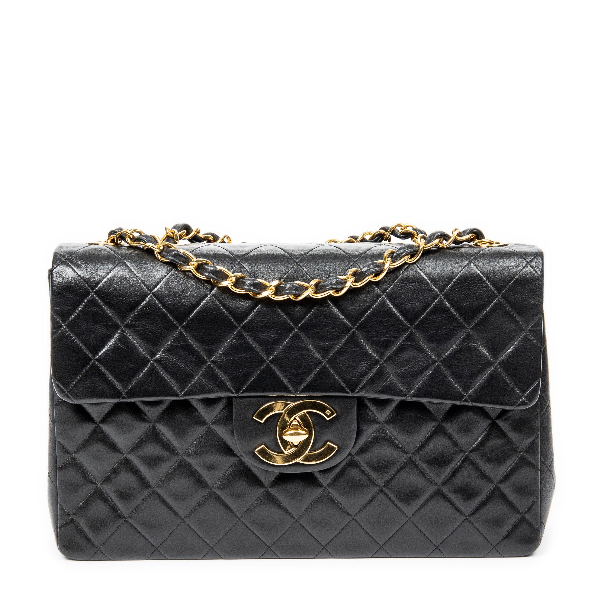 Bolso de Hombro Maxi Jumbo XL con Solapa de Piel de Cordero Acolchada Negra