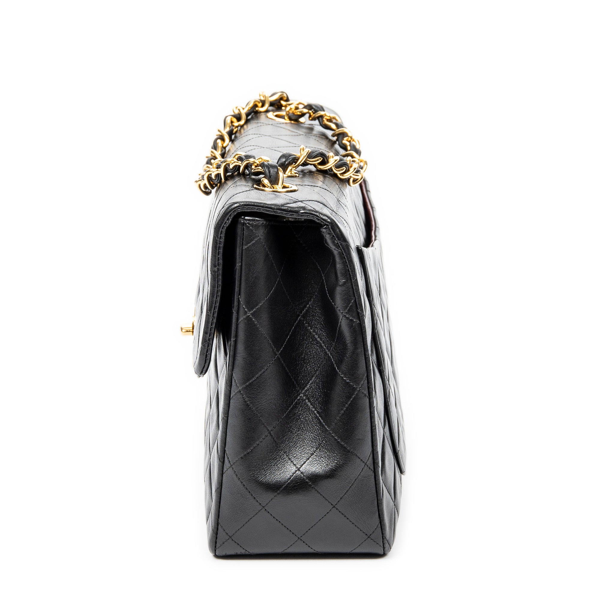 Bolso de Hombro Maxi Jumbo XL con Solapa de Piel de Cordero Acolchada Negra