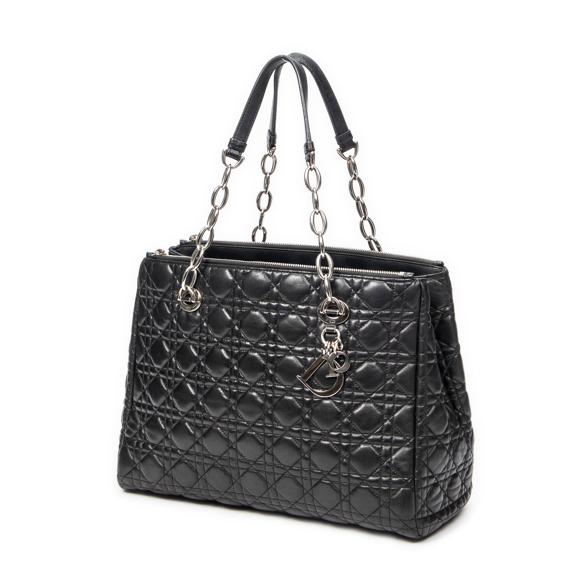 Shoulder Bag Soft Shopping Tote Black Cannage Lambskin Leather