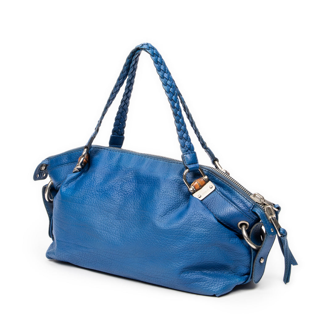 Shoulder Bag Large Bamboo Bar Boston Royal Blue Pebbled Calfskin Leather