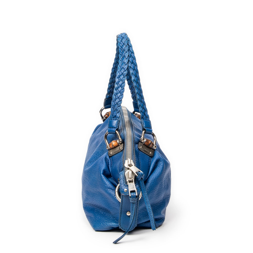 Shoulder Bag Large Bamboo Bar Boston Royal Blue Pebbled Calfskin Leather