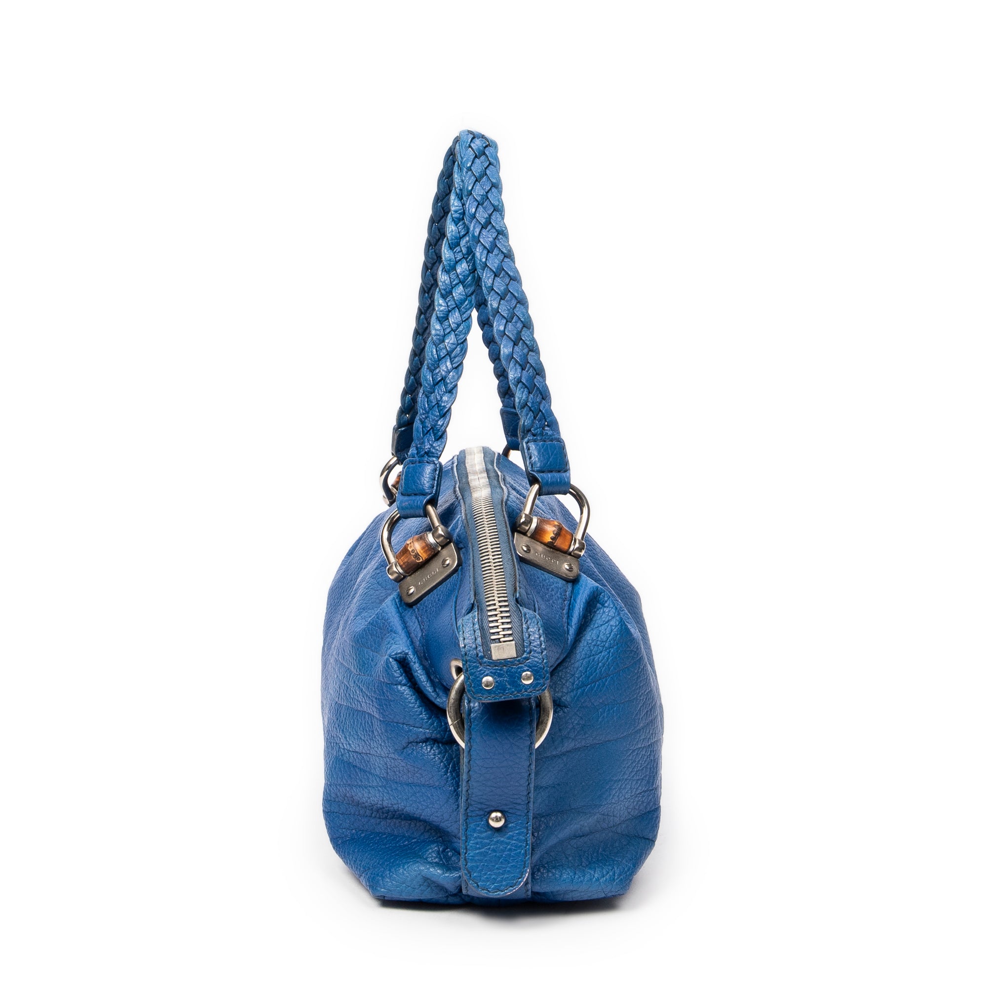 Shoulder Bag Large Bamboo Bar Boston Royal Blue Pebbled Calfskin Leather