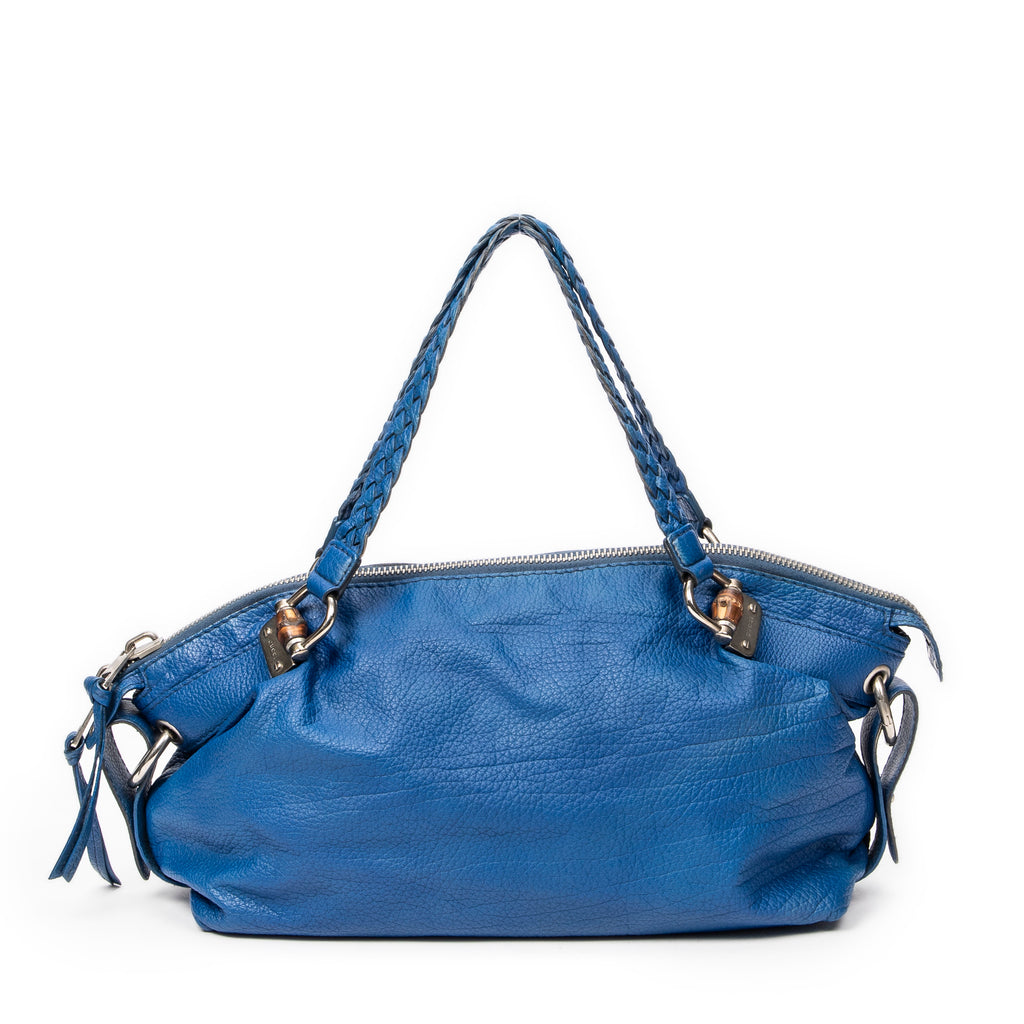 Shoulder Bag Large Bamboo Bar Boston Royal Blue Pebbled Calfskin Leather