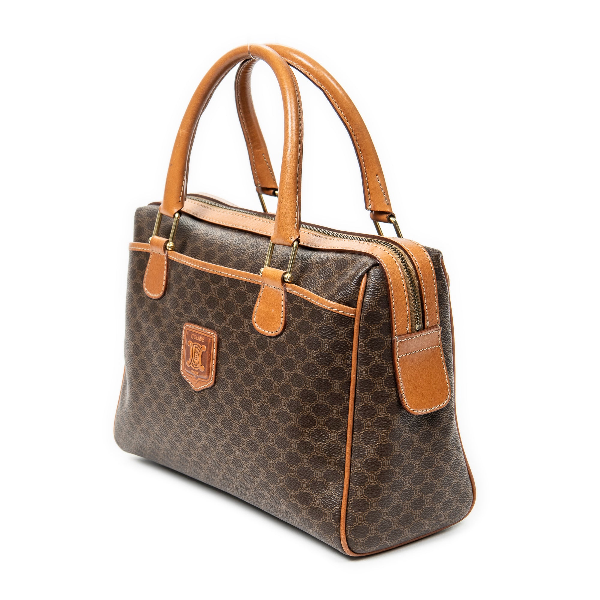 Bolso de mano Boston pequeño vintage de lona revestida Macadam marrón