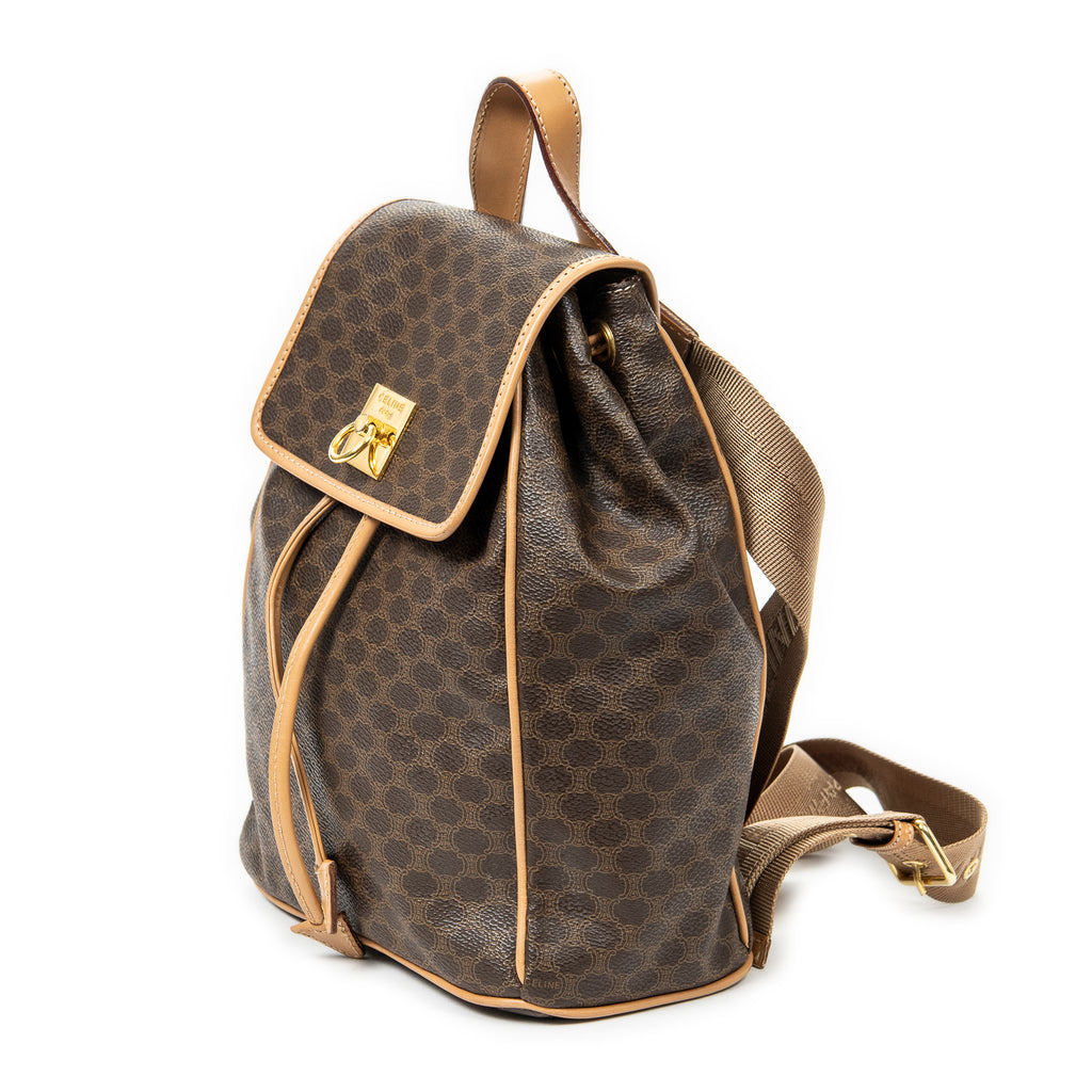 Handbag Small Flap Drawstring Backpack Brown Macadam Coated Canvas