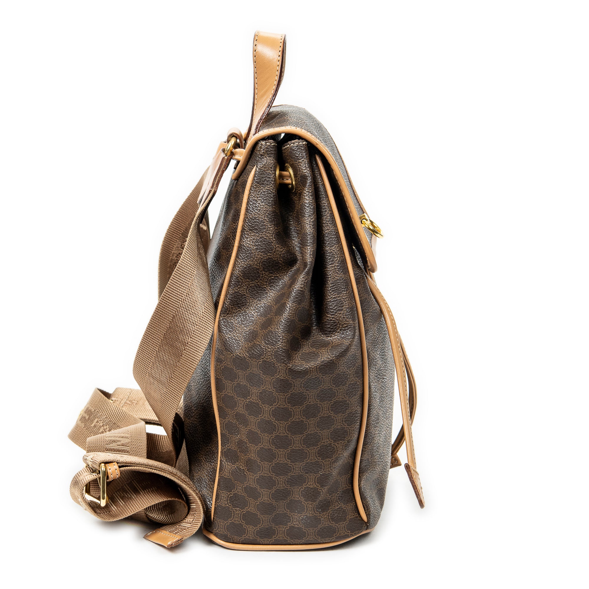 Handbag Small Flap Drawstring Backpack Brown Macadam Coated Canvas
