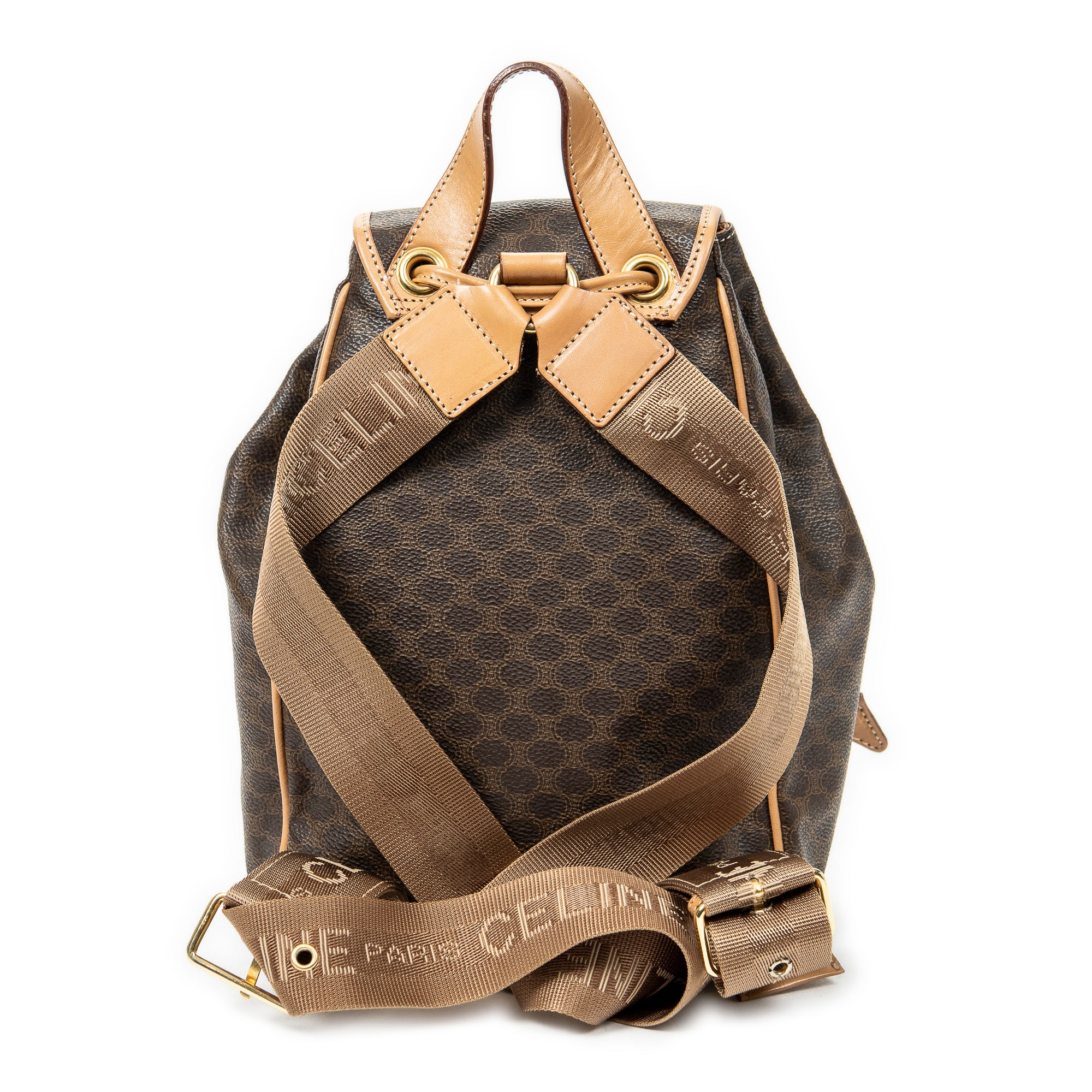 Handbag Small Flap Drawstring Backpack Brown Macadam Coated Canvas