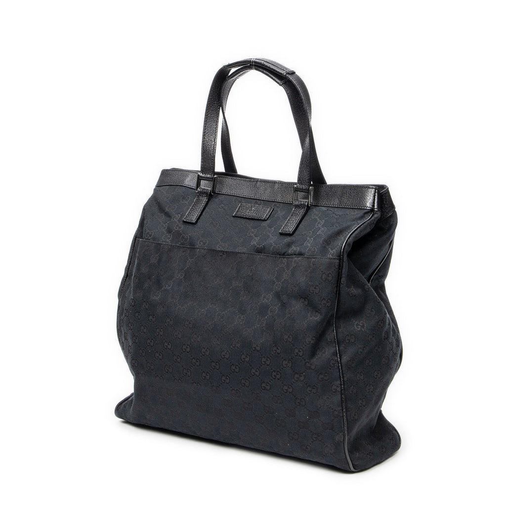 Handbag Front Pocket Shopping Tote Black Monogrammed Canvas