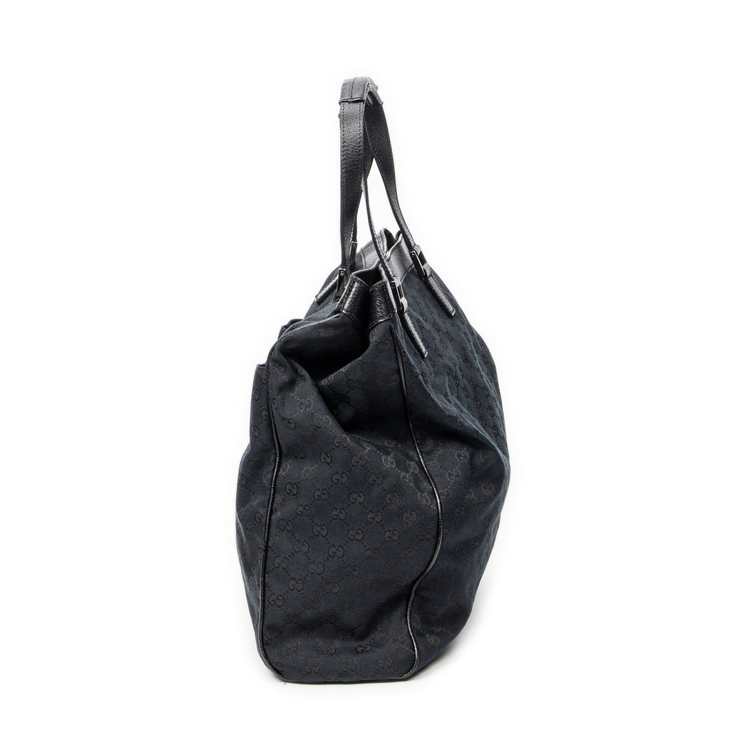 Handbag Front Pocket Shopping Tote Black Monogrammed Canvas
