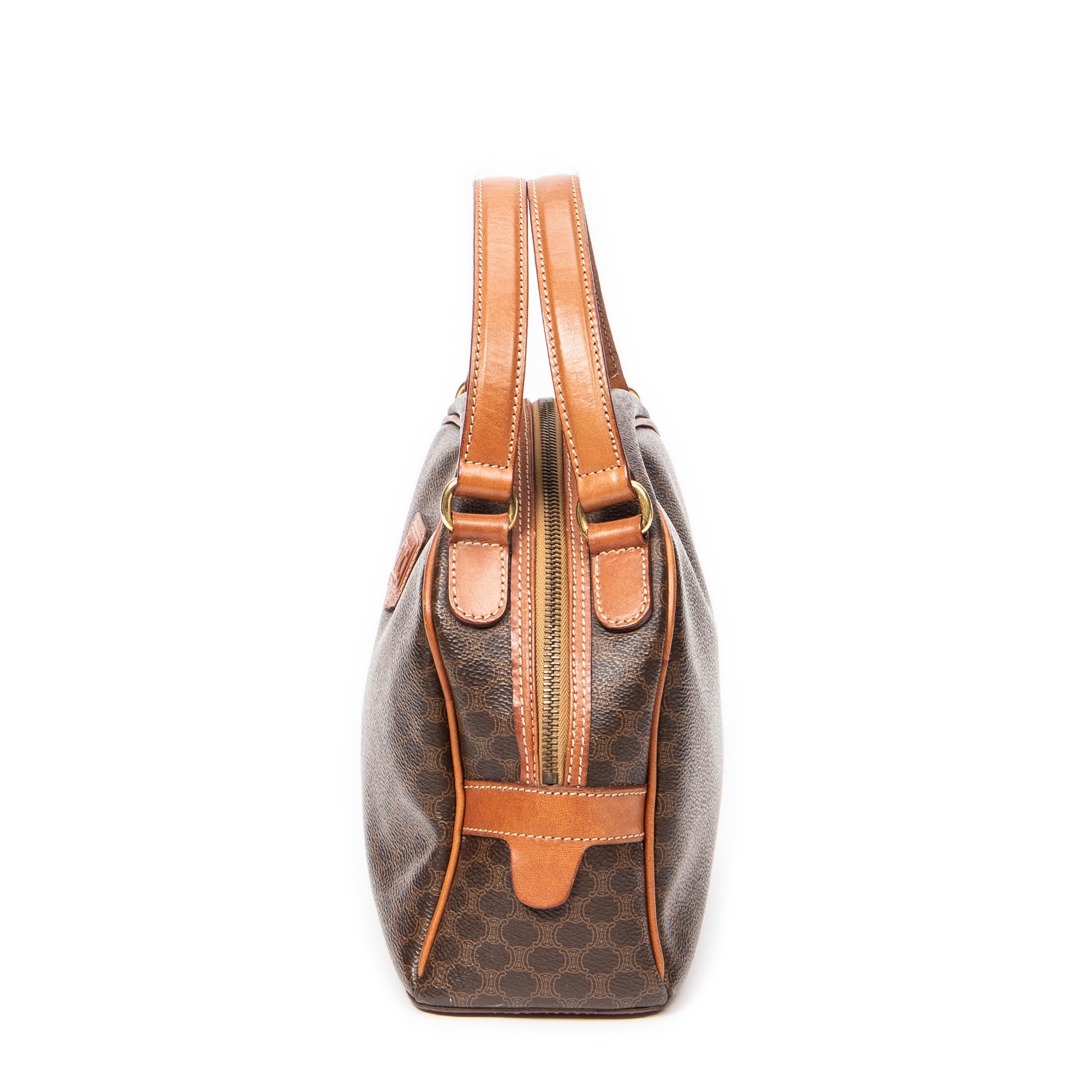 Bolso de mano con asa superior en forma de cúpula de lona recubierta de macadán marrón