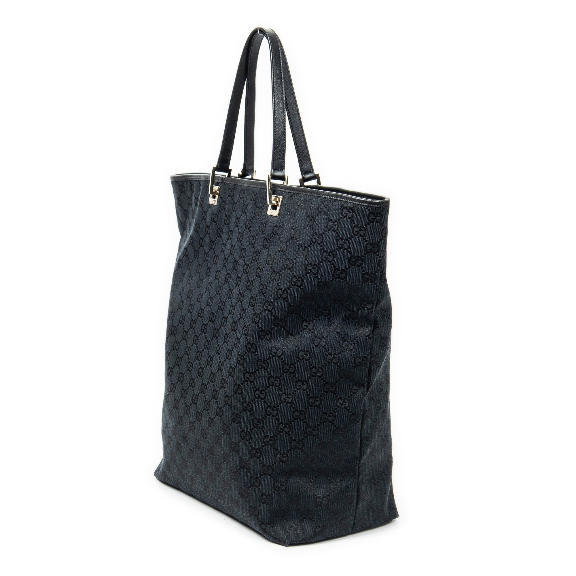 Bolso de mano grande vertical abierto de lona negra con monograma