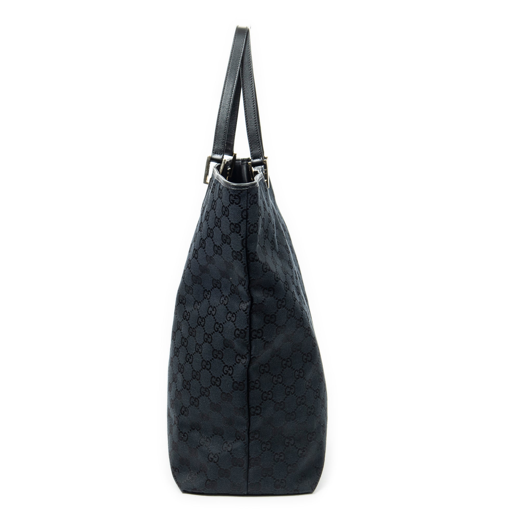 Bolso de mano grande vertical abierto de lona negra con monograma
