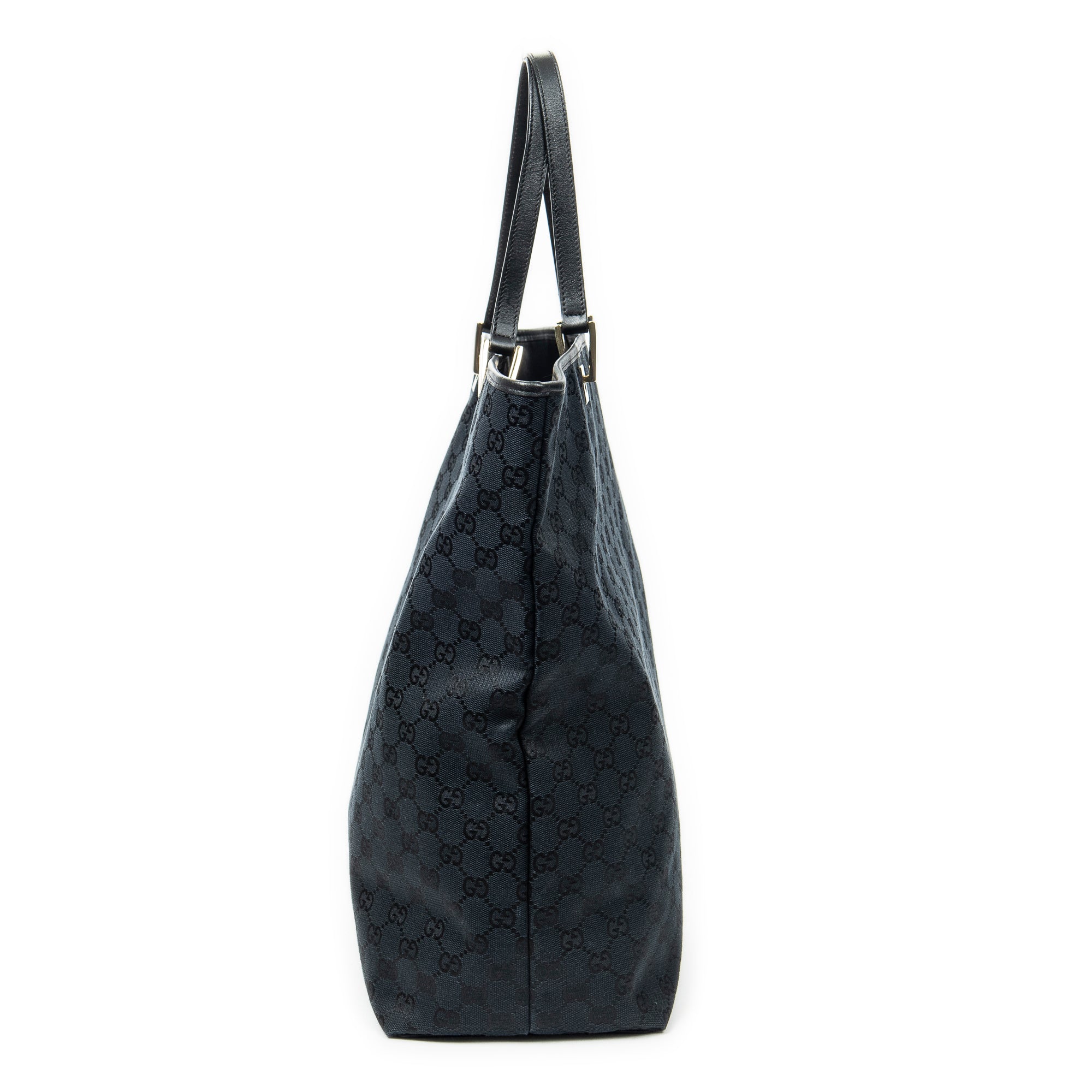 Bolso de mano grande vertical abierto de lona negra con monograma