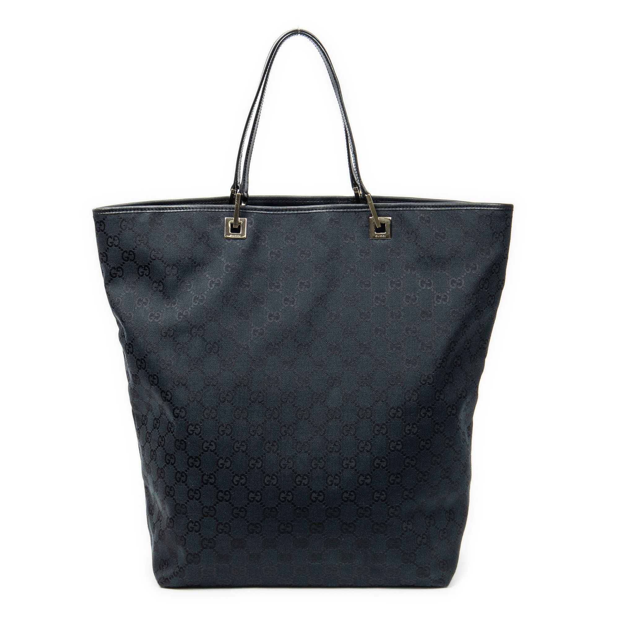 Bolso de mano grande vertical abierto de lona negra con monograma