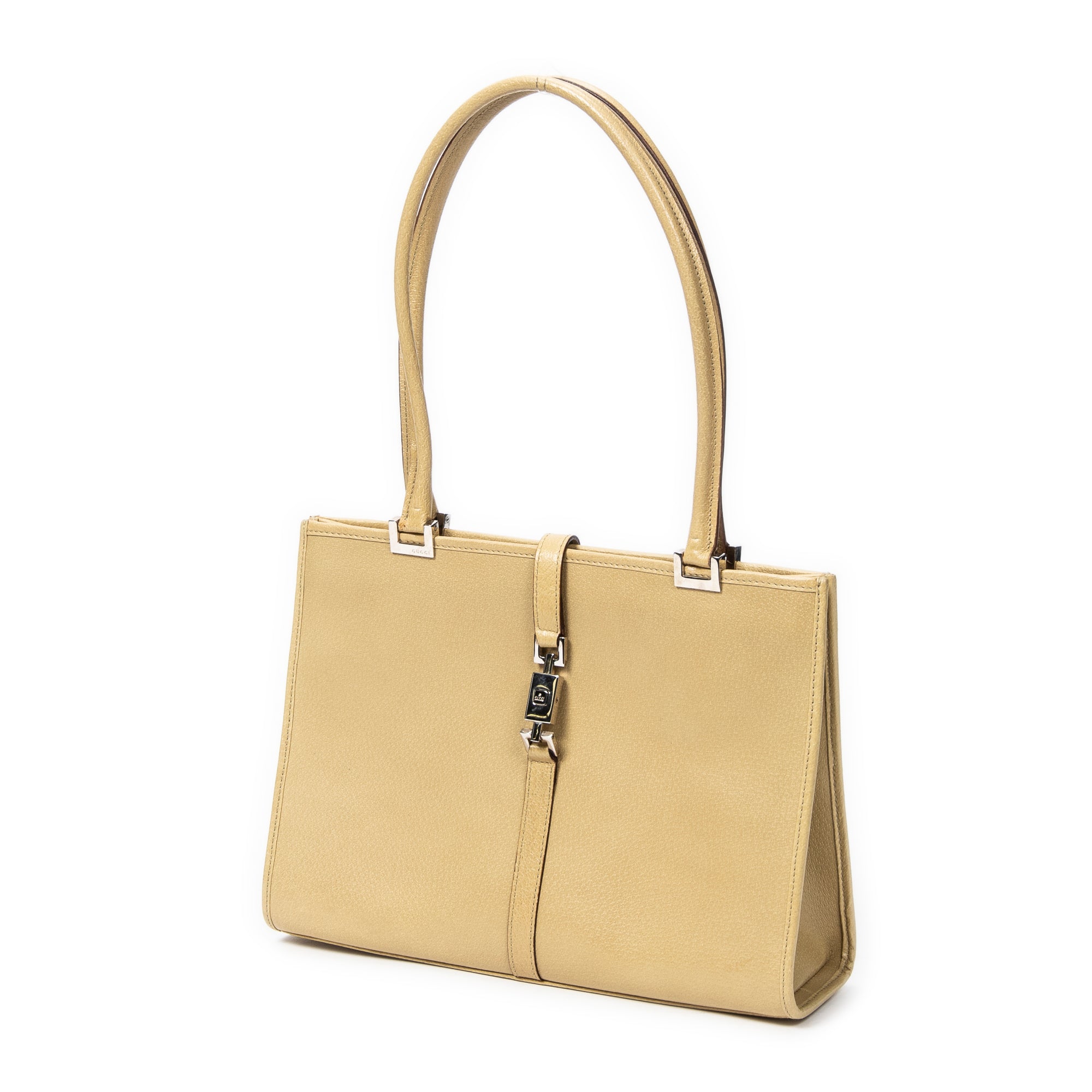 Bolso de hombro Jackie Tote cuadrado de piel de becerro graneada beige