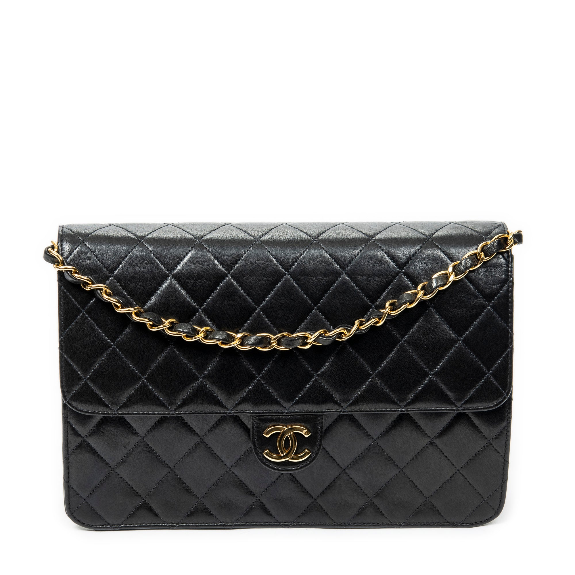 Bolso de hombro vintage con cierre de presión, solapa recta, piel de cordero acolchada negra