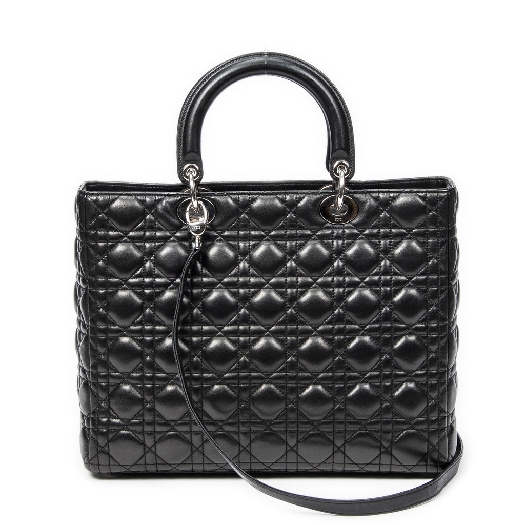 Bolso de Hombro Grande Lady Dior con Cremallera de Piel de Cordero Cannage Negra