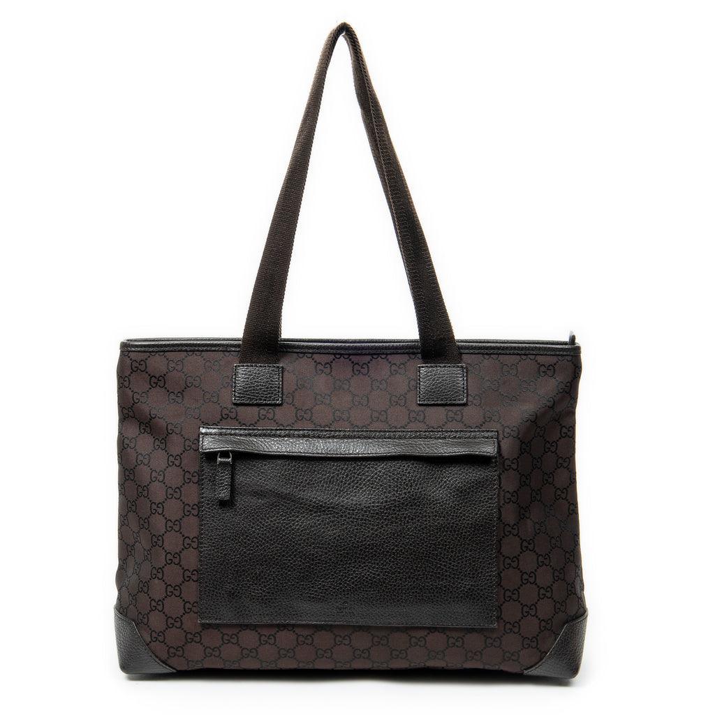 Shoulder Bag Front Pocket Tote Dark Brown Monogrammed Nylon Canvas
