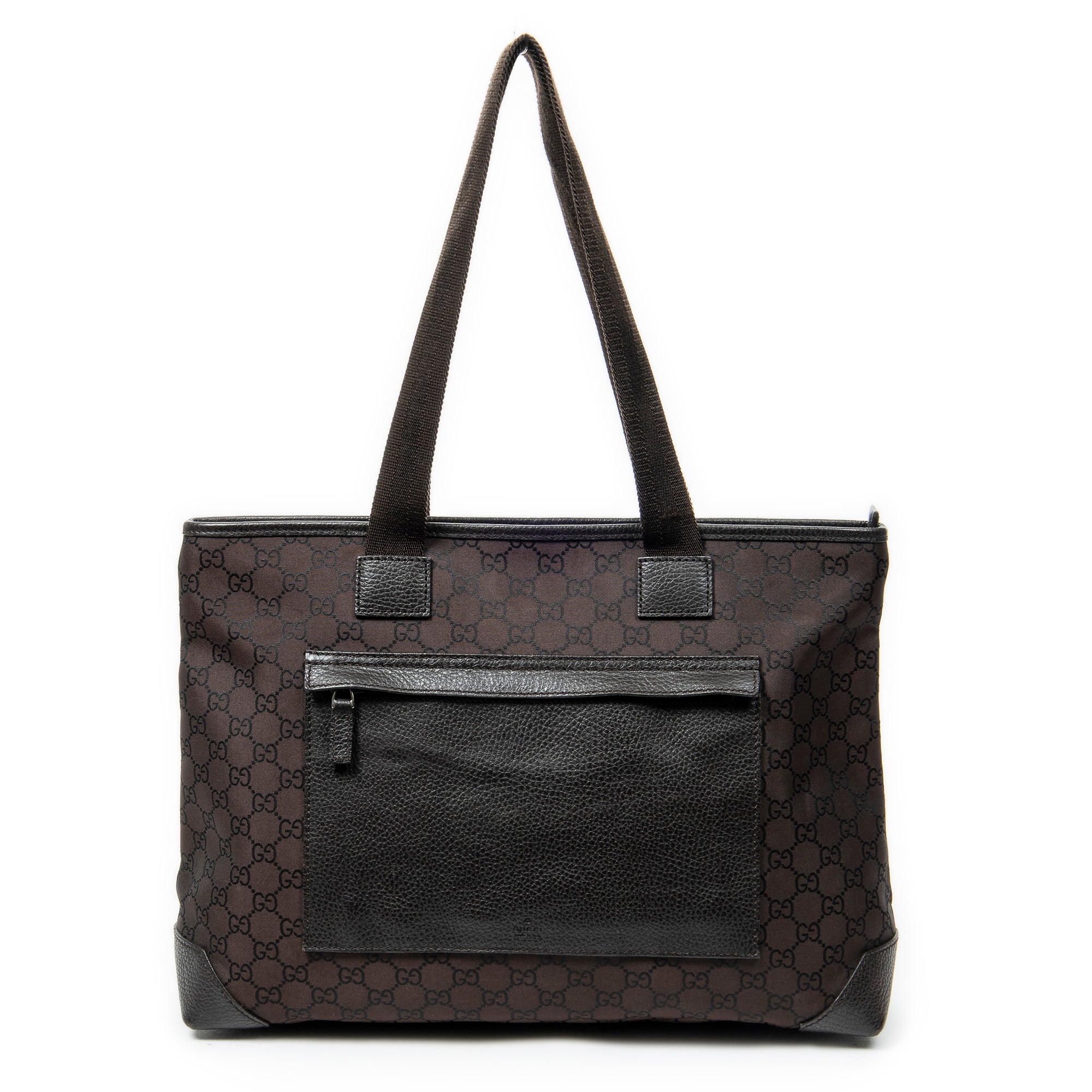 Shoulder Bag Front Pocket Tote Dark Brown Monogrammed Nylon Canvas