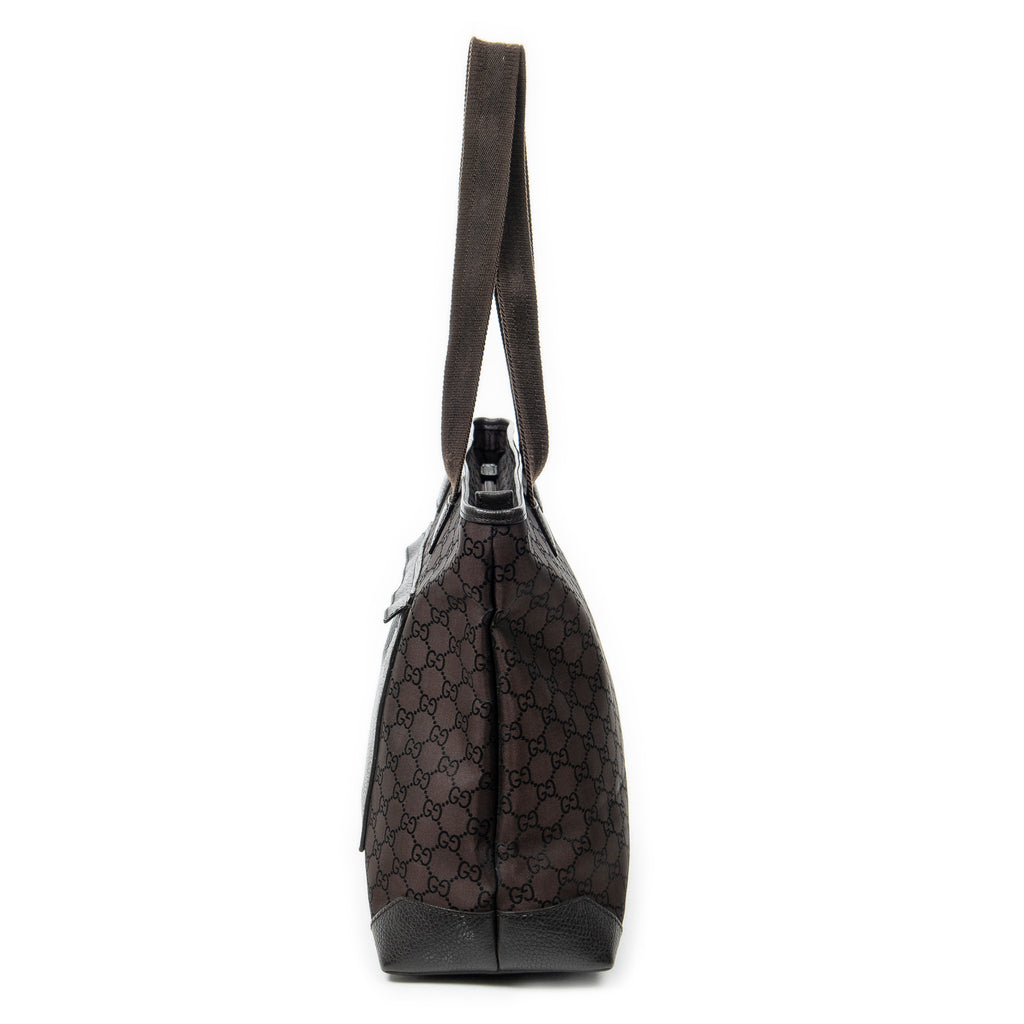 Shoulder Bag Front Pocket Tote Dark Brown Monogrammed Nylon Canvas