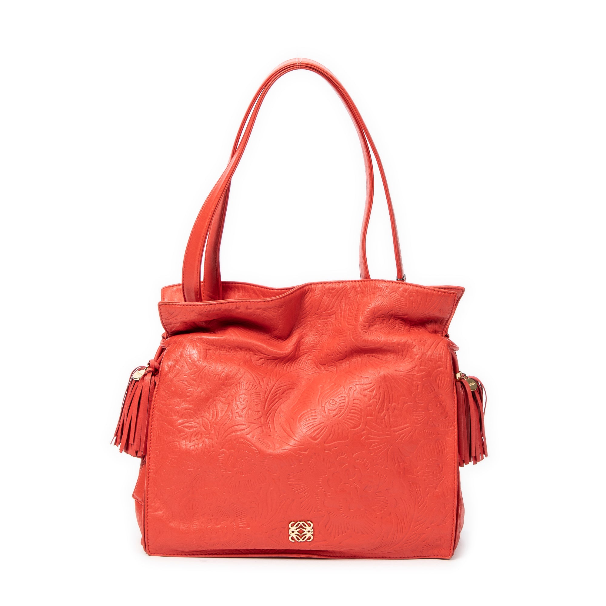 Shoulder Bag Small Tassel Flamenco Orange Embossed Calfskin Leather
