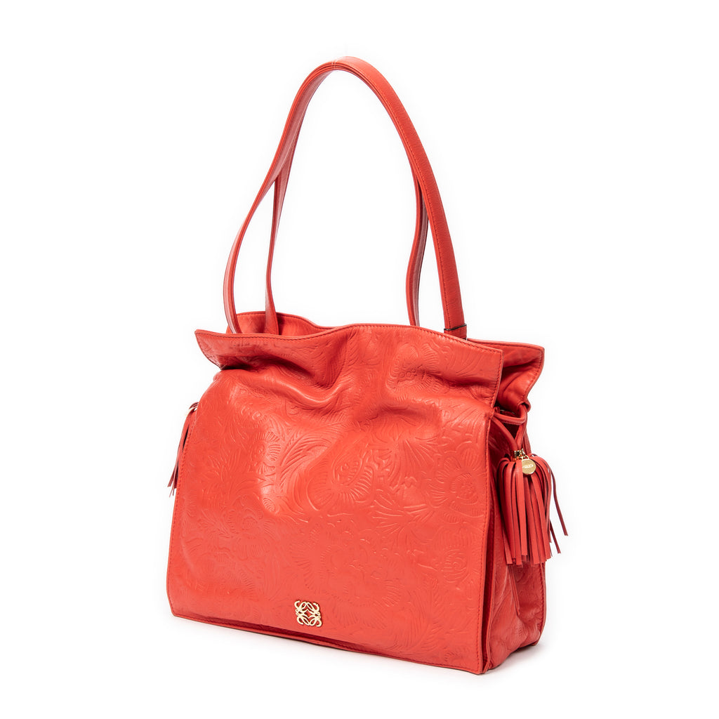 Shoulder Bag Small Tassel Flamenco Orange Embossed Calfskin Leather